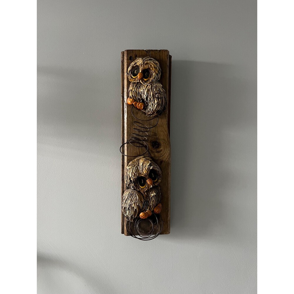 Vintage Folk Art - Two Chalkware Owls on a Rustic Wooden Wall Plank